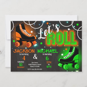 Boy Joint Roller Skating Birthday Party Neon Glow Invitation