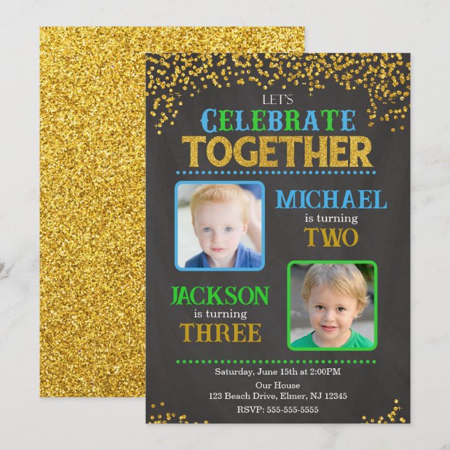 Boy Joint Siblings Birthday Party Photo  Invitation (Front/Back)