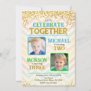 Boy Joint Siblings Birthday Party Photo Invitation