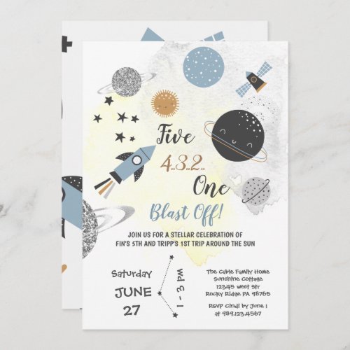 Boy Joint Space Planet  Party 5th and 1st Birthday Invitation