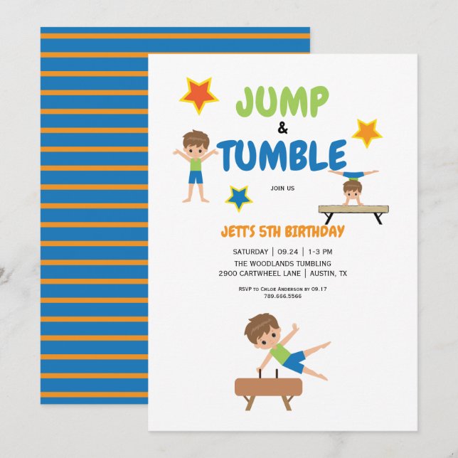 Boy Jump & Tumble Gymnastics Birthday Party Invitation (Front/Back)