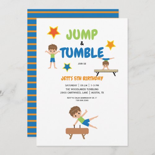 Boy Jump  Tumble Gymnastics Birthday Party Invitation