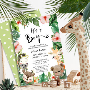 Boy Jungle Safari Tropical Greenery Baby Shower Invitation