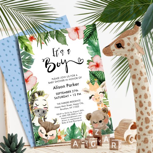 Boy Jungle Safari Tropical Greenery Baby Shower Invitation