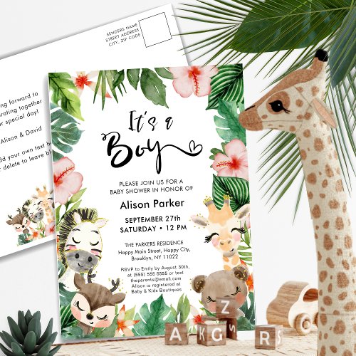 Boy Jungle Safari Tropical Greenery Baby Shower Invitation Postcard