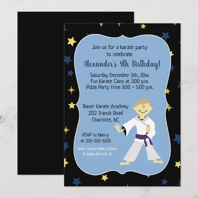 Boy Karate Birthday Invitations Purple Belt (Front/Back)
