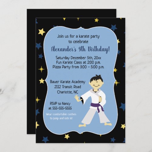 Boy Karate Birthday Purple Belt Dark Hair Invitation