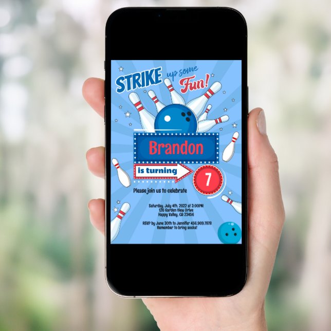 Boy Kid Bowling Birthday Party Retro Blue & Red Invitation (Front Digital)