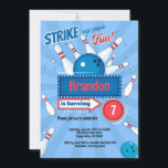 Boy Kid Bowling Birthday Party Retro Blue & Red Invitation<br><div class="desc">Cool birthday invitation in style. 
Theme: Bowling Party.
Occasion: Kids Birthday.
Style: Cheerful,  Fun,  Retro.
Colours: Red,  Blue,  White.
Graphics: Bowling,  Light Box,  Stars.</div>