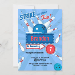 Boy Kid Bowling Birthday Party Retro Blue & Red Invitation