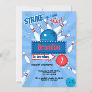 Boy Kid Bowling Birthday Party Retro Blue & Red Invitation