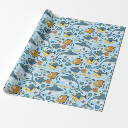 Boy Kids Birthday Under The Sea Cute Blue Shark Wrapping Paper