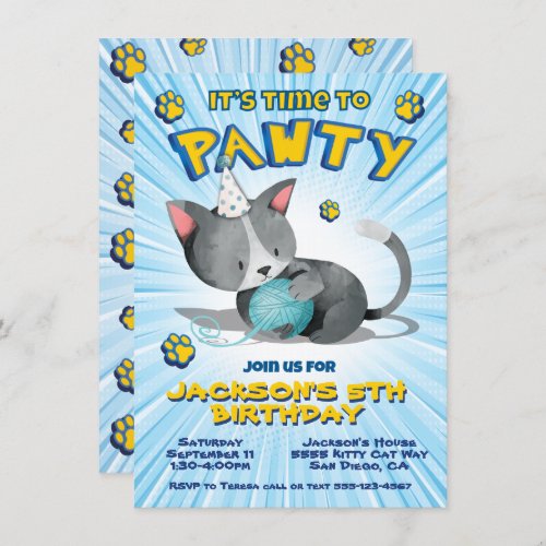 Boy Kitty Cat Birthday Pawty Party Invitation