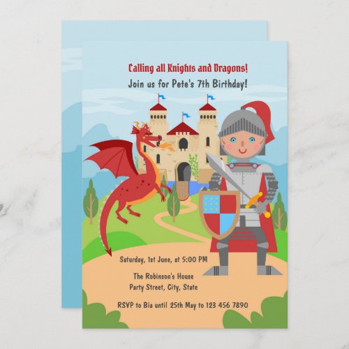 Boy Knight and Dragon Birthday Party Invitation