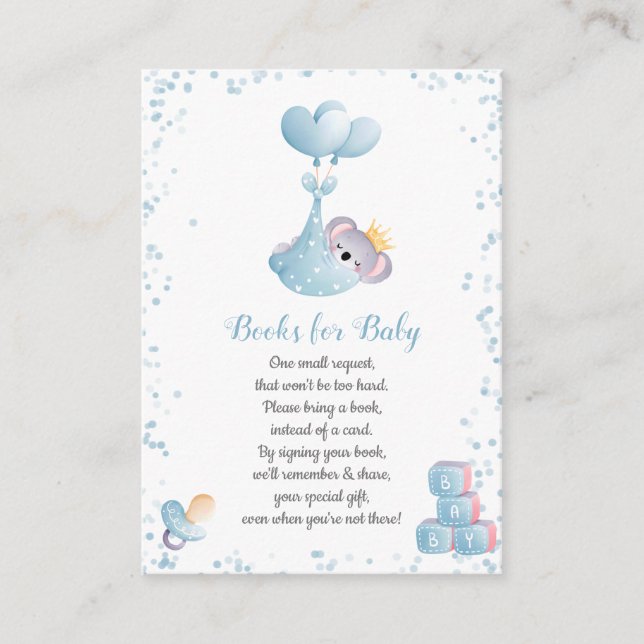 Boy Koala Bear Blue Books for Baby Shower Enclosure Card (Front)