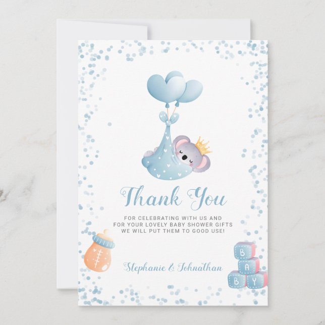 Boy Koala Bear Blue Thank You Baby Shower Card (Front)