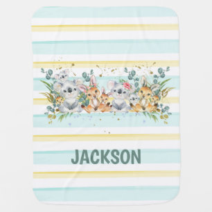 Boy Koala & Kangaroo Pastel Watercolor Stripes Baby Blanket