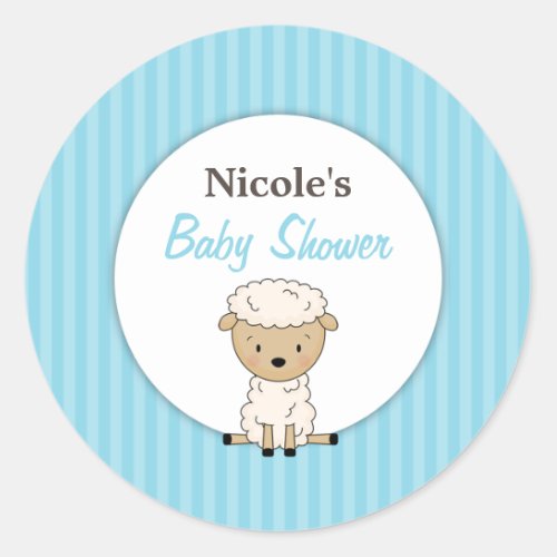 Boy Lamb Baby Shower Blue Stripe Classic Round Sticker