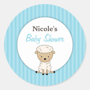 Boy Lamb Baby Shower Blue Stripe Classic Round Sticker