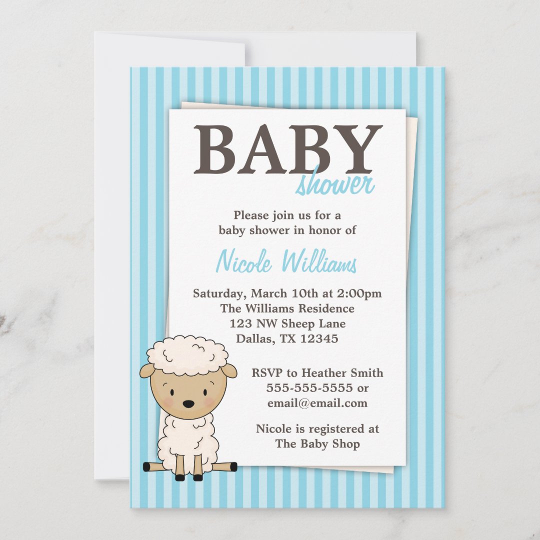 Boy Lamb Baby Shower Blue Stripe Invitations Zazzle
