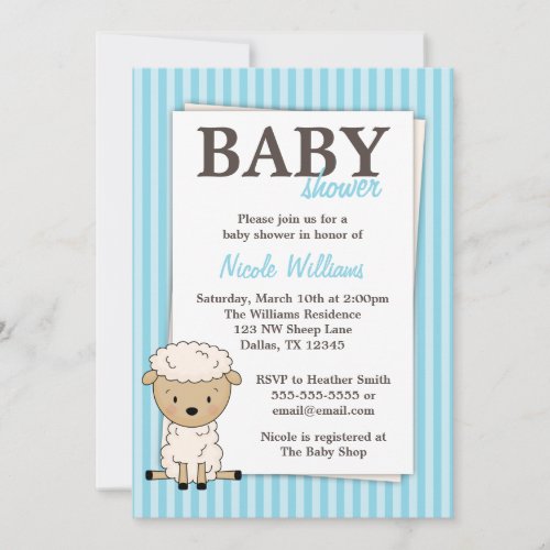 Boy Lamb Baby Shower Blue Stripe Invitations