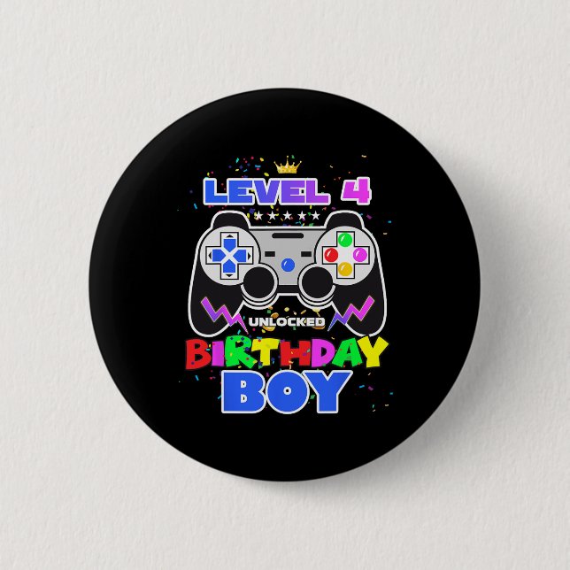 Boy Level 4 Unlocked Video Game 4th Birthday Gamer Button (Front)