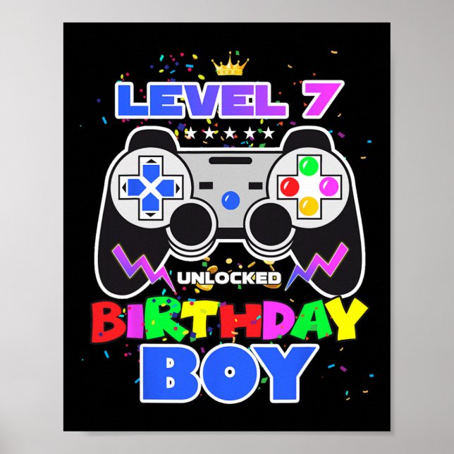 Boy Level 7 Unlocked Video Game 7th Birthday Gamer Poster (Front)