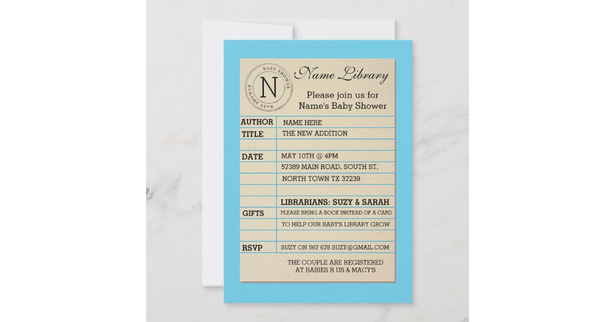 Boy Library Card Baby Shower Blue Invitation Zazzle
