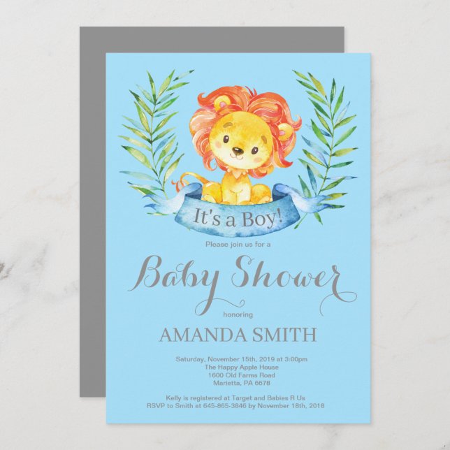 Boy Lion Baby Shower Invitation Blue and Gray (Front/Back)