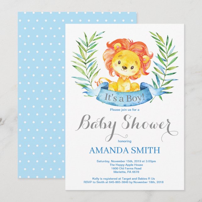 Boy Lion Baby Shower Invitation Blue and Gray (Front/Back)