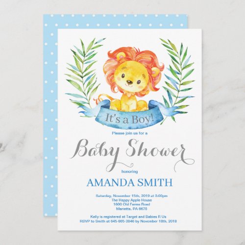 Boy Lion Baby Shower Invitation Blue and Gray