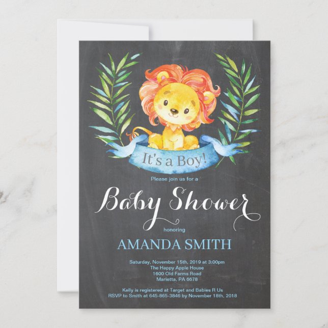 Boy Lion Baby Shower Invitation Chalkboard (Front)