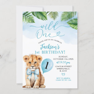 Boy Lion with Blue Bow Safari Wild One Birthday Invitation