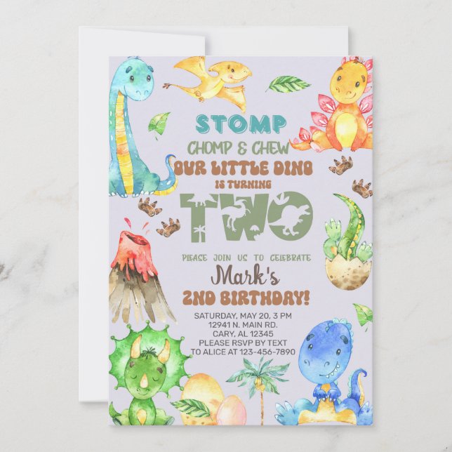 Boy little dino is turning two 2nd birthday. invitation (Front)