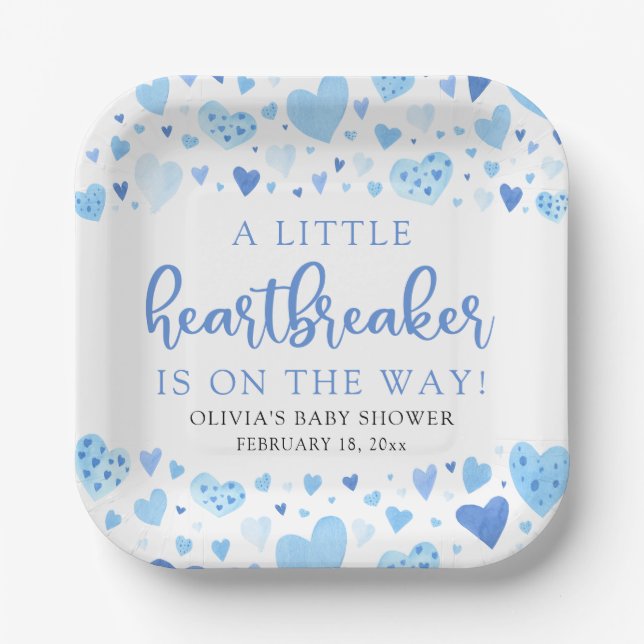 Boy Little Heartbreaker Blue Valentine Baby Shower Paper Plates (Front)