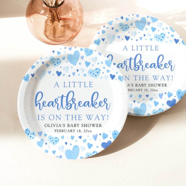 Boy Little Heartbreaker Blue Valentine Baby Shower Paper Plates (Creator Uploaded)