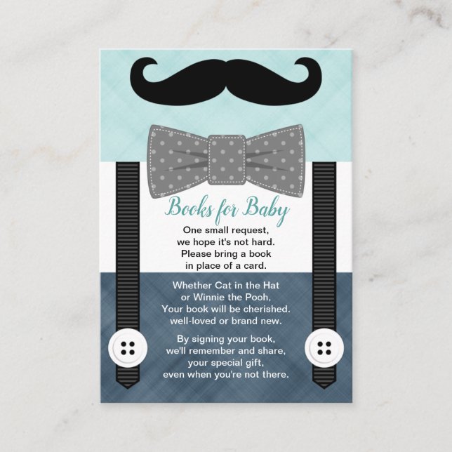 boy little man mustache mint navy book request enclosure card (Front)