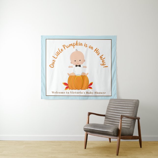 Boy Little Pumpkin Baby Shower Banner Backdrop (In Situ (Horizontal))