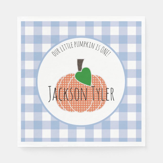 Boy Little Pumpkin Blue Buffalo Plaid 1st Birthday Napkins (Front)