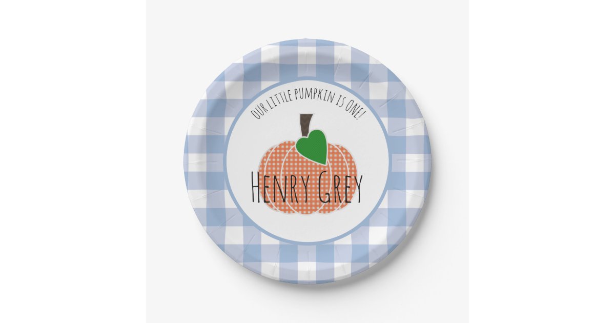 Boy Little Pumpkin Blue Plaid First 1st Birthday Paper Plates | Zazzle