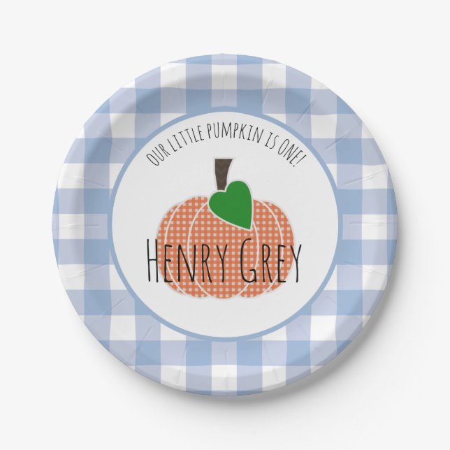 Boy Little Pumpkin Blue Plaid First 1st Birthday Paper Plates (Front)