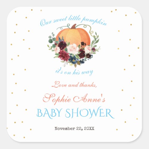 Boy Little Pumpkin Burgundy Floral Baby Showe Square Sticker