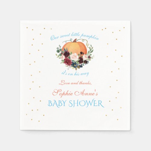 Boy Little Pumpkin Burgundy Floral Baby Shower Napkins