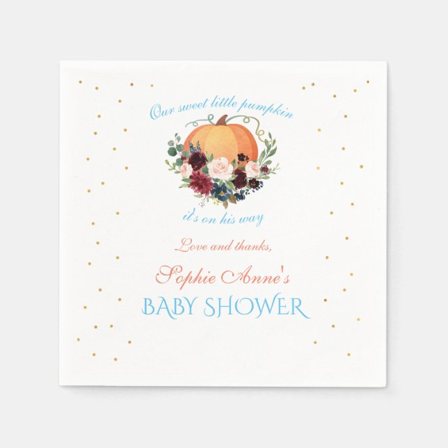 Boy Little Pumpkin Burgundy Floral Baby Shower Napkins (Front)