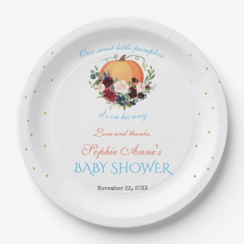 Boy Little Pumpkin Burgundy Floral Baby Shower Paper Plates