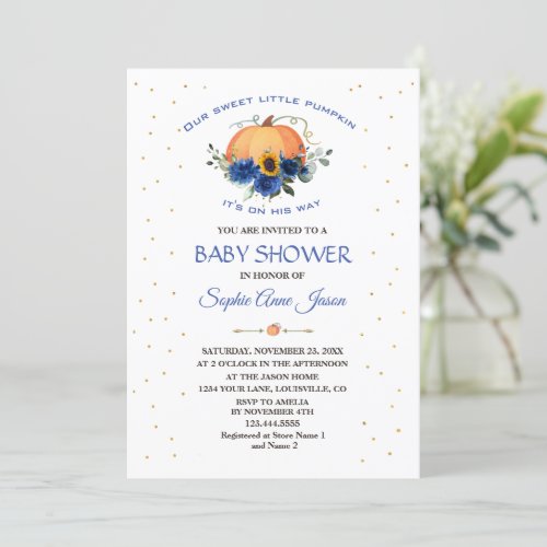 Boy Little Pumpkin Floral Thanksgiving Baby Shower Invitation