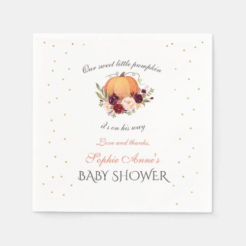 Boy Little Pumpkin Floral Thanksgiving Baby Shower Napkins