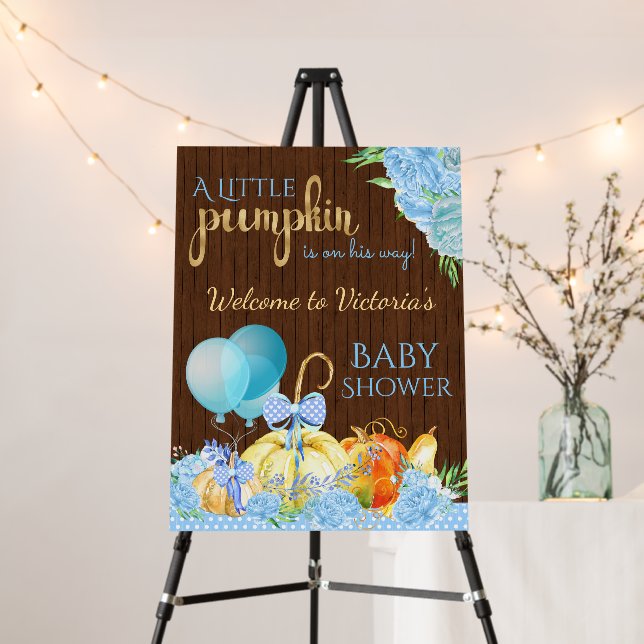 Boy Little Pumpkin Rustic Wood Baby Shower Sign (In Situ (Stand))