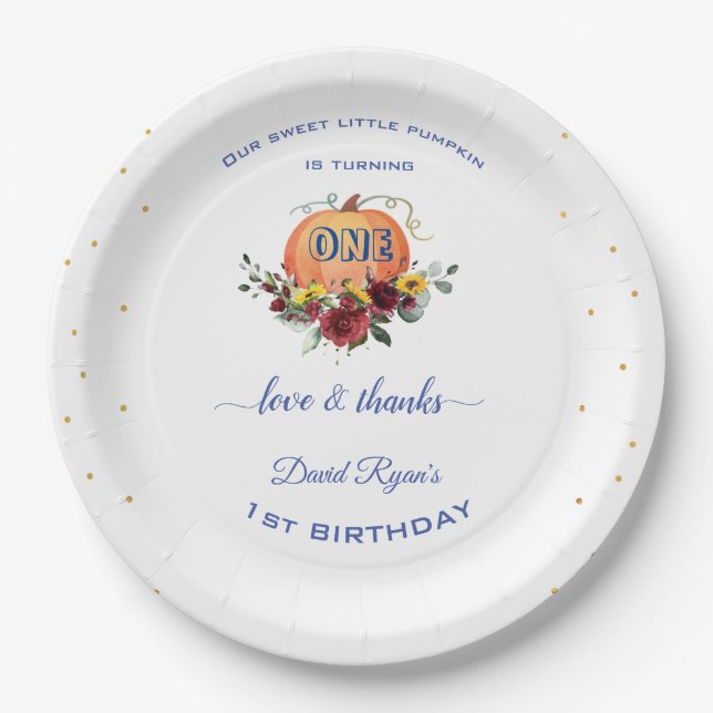 Boy Little Pumpkin Thanksgiving 1st Birthday    Paper Plates (Front)