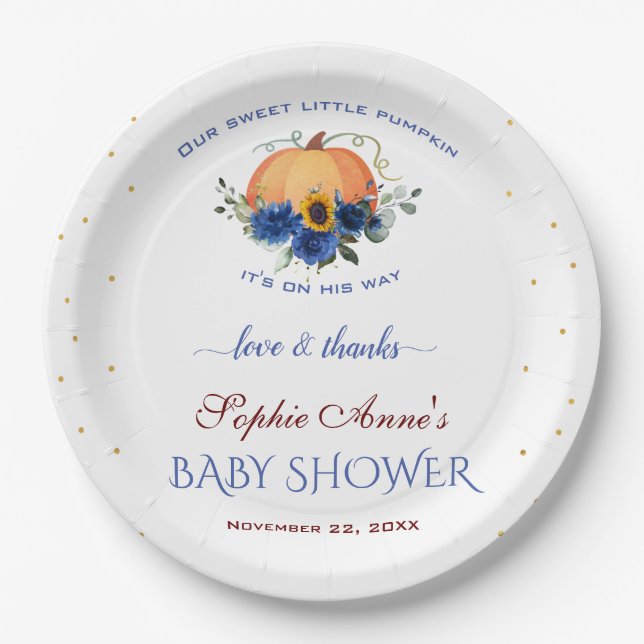  Boy Little Pumpkin Thanksgiving Baby Shower   Pap Paper Plates (Front)